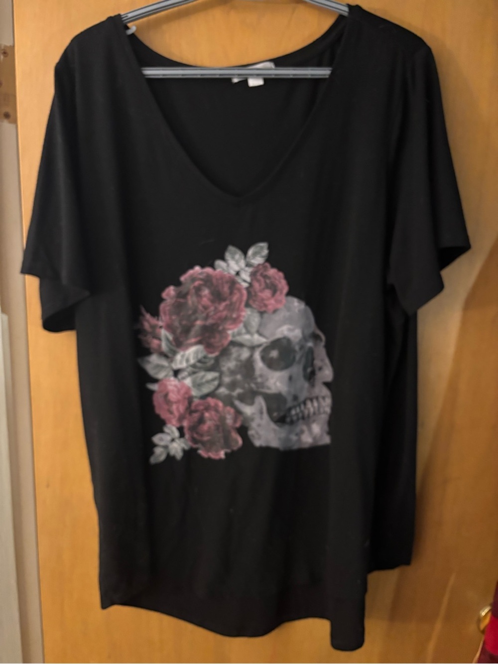 Black V-Neck Tee with Rose Skull Graphic